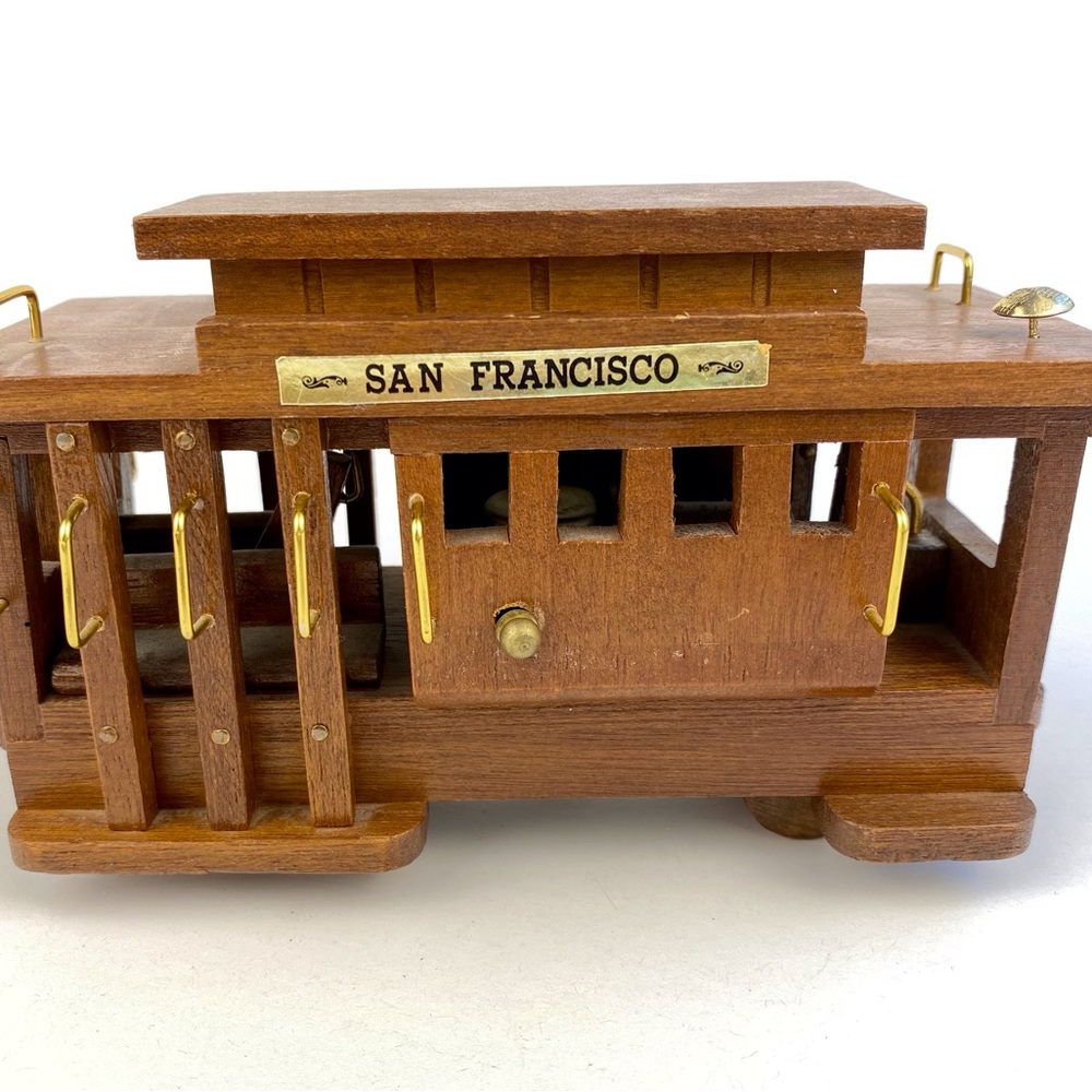 San Francisco trolley car music box, vintage wooden cable car ornament
